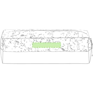 A grey pencil case with a green accent and a zip closure, featuring a logo on the front.