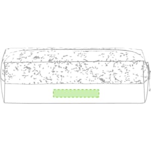 A pencil case with a textured design, featuring a zip closure and a logo on one side. Dominantly grey with green accents.