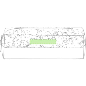 A grey pencil case with a green indicating space for a logo or label, featuring a zip closure.