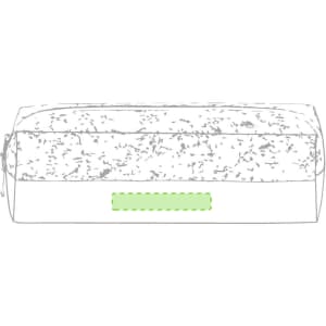 A pencil case in grey and white with a green highlighted area, featuring a logo on one side.