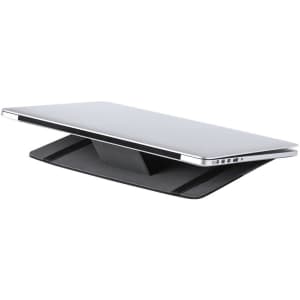 A black laptop stand with a sleek design, supporting a silver laptop in a raised position.