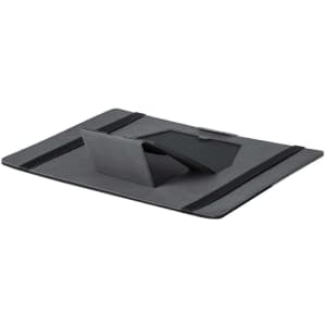 A grey phone stand featuring a sleek design with adjustable angles. Includes a logo on the surface.