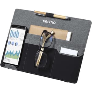 A grey and black organiser featuring compartments for a phone, glasses, a pen, and documents, with branding visible.