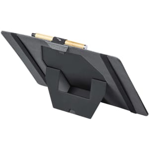 A grey phone stand with a holder for a pen, featuring a sleek design and an adjustable back support.
