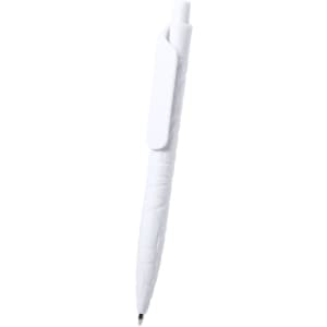 A white pen with a textured grip and a clip, featuring a branding logo.