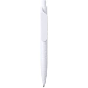 A white pen with a textured grip and a clip, featuring a branding logo on its side.