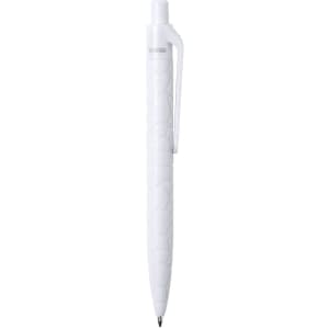 A white pen with a textured surface and a clip, featuring a logo. Suitable for promotional use.