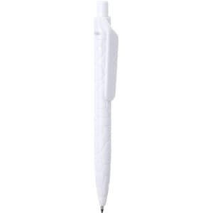 A white pen with a textured grip and a clip, featuring a sleek design and a logo on the body.