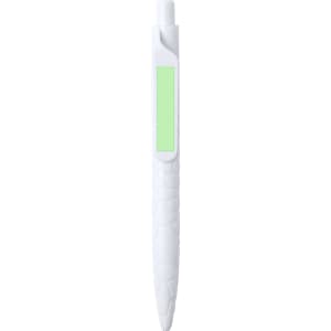 A white pen with a textured grip and a green section for branding. It has a clickable top and a rounded tip.