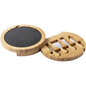 A bamboo cheese knife set featuring a round slate board and three wooden cheese knives in a compact storage design.