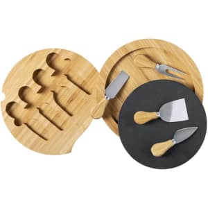 A cheese knife set featuring wooden-handled knives and a round bamboo board with multiple cutouts. Includes a slate serving tray.