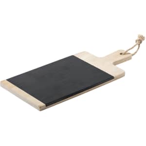 A cutting board featuring a wooden handle and a black surface, with a rope attached for hanging.