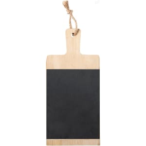 A wooden cutting board with a black surface and a handle, featuring a rope for hanging.