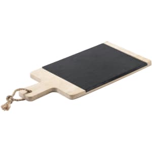 A wooden cutting board featuring a black surface and a handle with a rope detail.