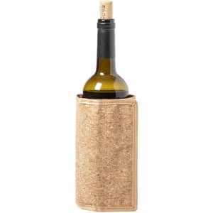 A drink bottle cooler made of cork with a beige trim, designed to keep bottles chilled. It features a branding logo.