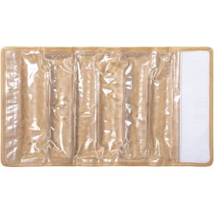 A drink bottle cooler in a tan colour with transparent pockets and a white velcro section. Features a logo.
