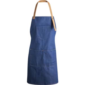 A denim apron with a wooden strap and pockets, featuring a logo. Ideal for workwear use.