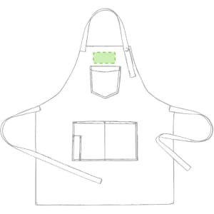 A white apron with a waist pocket and a chest pocket, featuring a logo at the top.