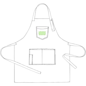 A white apron with a pocket at the top and a larger pocket in the centre, featuring a logo.