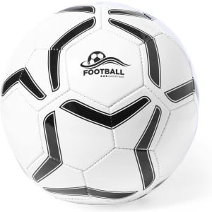 A football featuring a white and black design with a logo. Suitable for various outdoor sports activities.