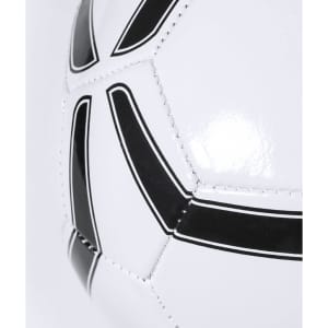 A white soccer ball with black detailing and seams, featuring a logo.