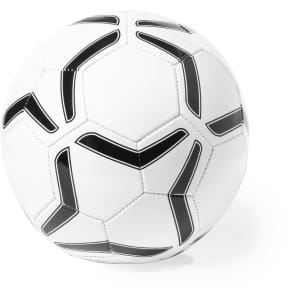 A white soccer ball with black accents, featuring a classic hexagonal pattern and a logo.