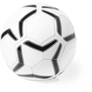 A white soccer ball with black patterns, featuring a logo on its surface.