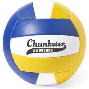 A multicoloured volleyball features blue, yellow, and white panels, with a logo printed on it.