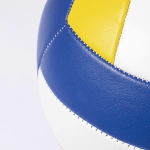 A sports ball with blue, yellow, and white segments, featuring stitching and a logo. Ideal for leisure and outdoor activities.