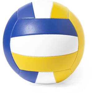 A volleyball in blue, yellow, and white, featuring a stitched design and a branded logo.