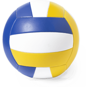 A round volleyball in blue, yellow, and white colours with a stitched design and a logo.