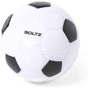 A stress ball designed as a black and white soccer ball, with a logo on the surface.