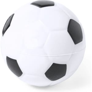 A stress ball designed to resemble a classic black and white soccer ball. It features a smooth surface and is round in shape.