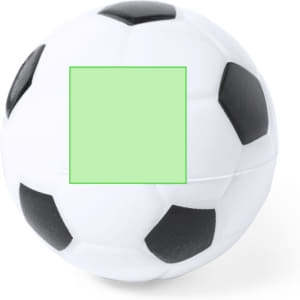 A stress ball designed in the shape of a soccer ball, featuring white and black panels. It has a blank green square on it.