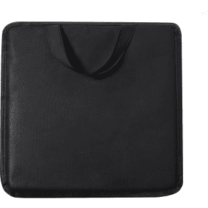 A black cushion featuring a handle, designed for home use. It has a sleek, simple design and a branded logo.
