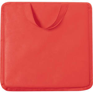A red cushion with a handle, featuring a smooth surface and a simple, clean design. It has a branding logo.