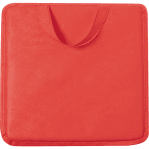 A red cushioned seat pad with a convenient handle for easy transport. It features a simple design.