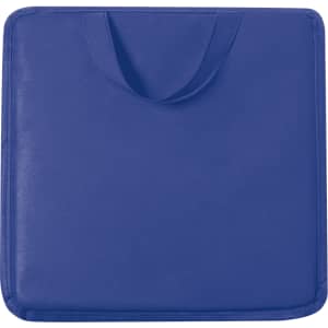 A blue square cushion with a carry handle, featuring a simple design and smooth texture.
