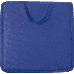 A blue cushion with a handle, featuring a smooth, textured surface. It has a simple design and is padded.