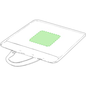 A square cushion with a handle, featuring a green centre and a neutral outer colour. It has a simple design and branding.