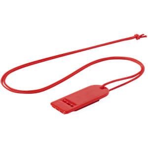 A red whistle attached to a red lanyard, suitable for novelty purposes and games.