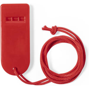 A red whistle with a cord attached, designed as a novelty item for fun and games.