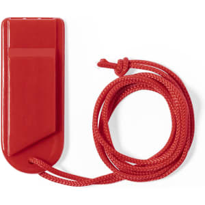 A red whistle attached to a red cord, designed as a novelty item for fun and games.