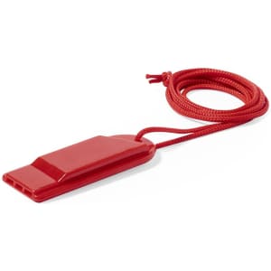 A red whistle with a braided cord is displayed against a plain background, featuring a simple, sturdy design.
