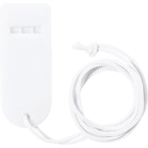 A white whistle with a textured surface and attached white string for easy carrying.