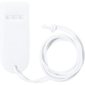 A white whistle attached to a white cord, featuring a simple design. The item includes a logo.