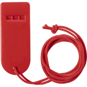 A red whistle with a cord attached, designed as a novelty item for fun and games.