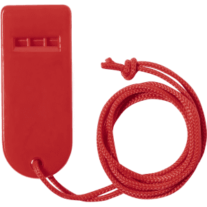 A red whistle with a braided red cord attached, designed for novelty use. It features a simple, smooth design.