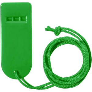 A green whistle with a textured surface and a matching cord attached for easy carrying.