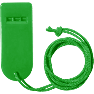 A green whistle with a long, matching cord for easy carrying. The item features a simple, flat design.